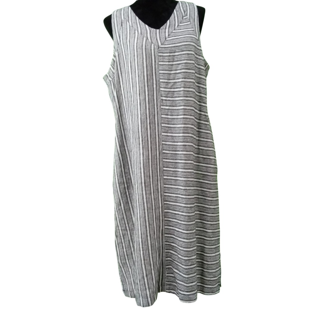 Westbound‎ Dress LARGE Black White Gray Stripe Pocket Linen Rayon Sleeveless